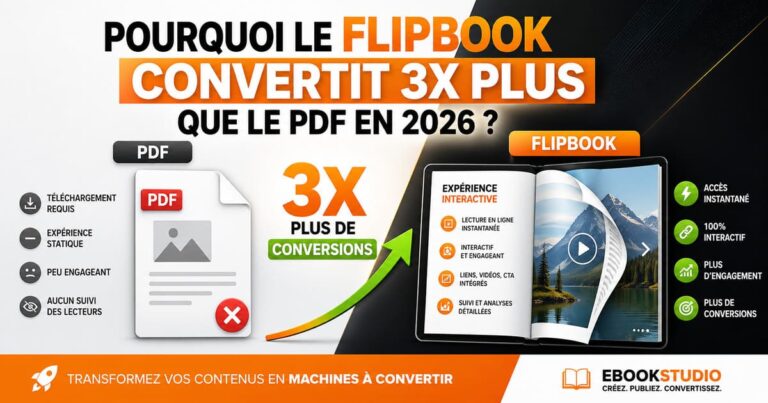 "Comparaison flipbook vs PDF en 2026 montrant pourquoi le flipbook génère 3 fois plus de conversions pour les ebooks et le marketing digital"