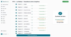 Interface de l'agent MIRA sur EbookStudio vérifiant les transitions et la cohérence entre 12 chapitres.