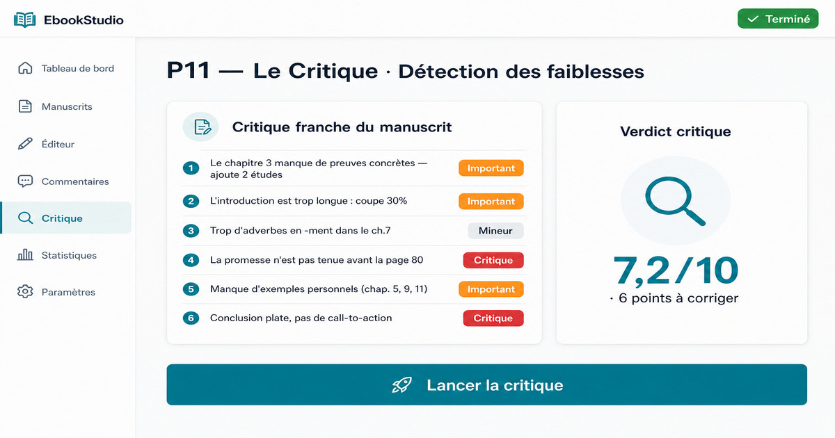 Interface de l'agent BETO sur EbookStudio affichant une critique franche du manuscrit avec score de 7,2/10.