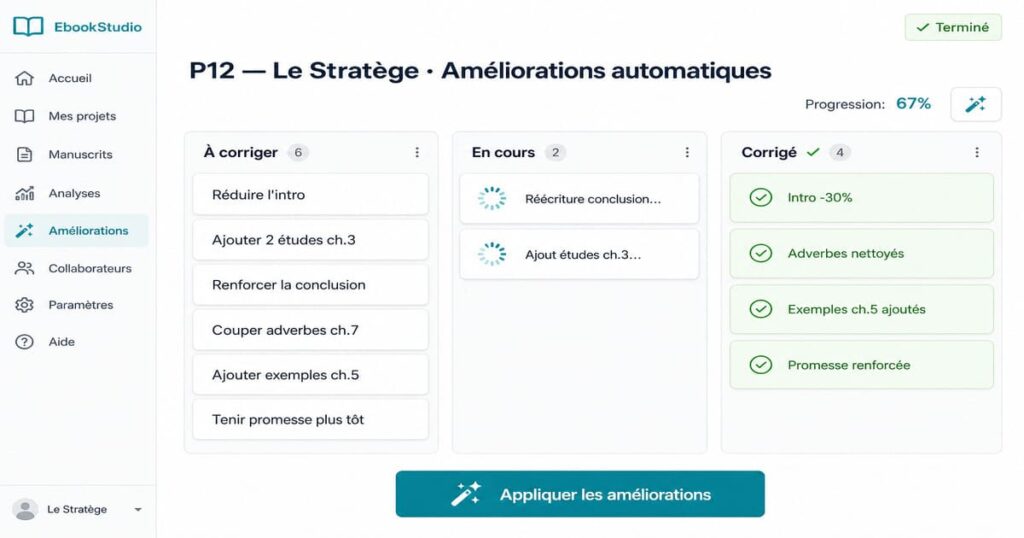 Tableau de bord de corrections IA montrant la progression de 67% et la gestion des tâches à corriger.