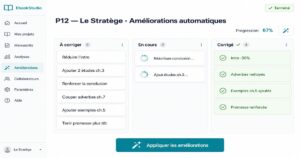Interface de l'agent NEXA sur EbookStudio gérant les améliorations automatiques d'un manuscrit.