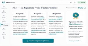Interface de l'agent HUMA sur EbookStudio montrant l'unification de la voix d'auteur avec un score de 96%.