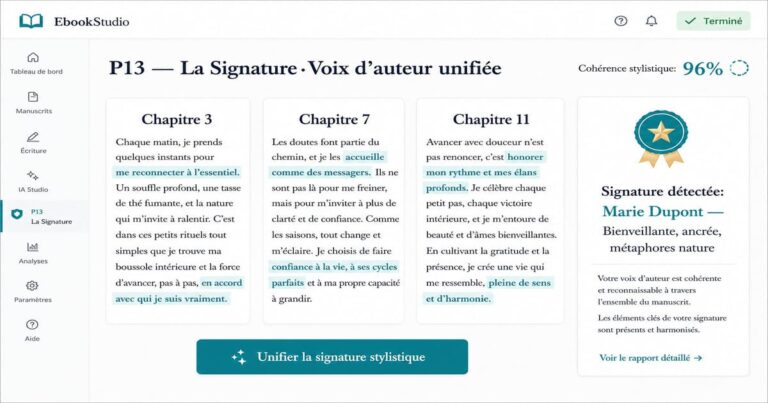 Interface de l'agent HUMA sur EbookStudio montrant l'unification de la voix d'auteur avec un score de 96%.