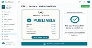 Interface de l'agent TILA sur EbookStudio rendant un verdict éditorial "PUBLIABLE" avec une note de 9,5/10
