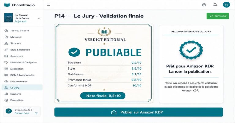 Interface de l'agent TILA sur EbookStudio rendant un verdict éditorial "PUBLIABLE" avec une note de 9,5/10