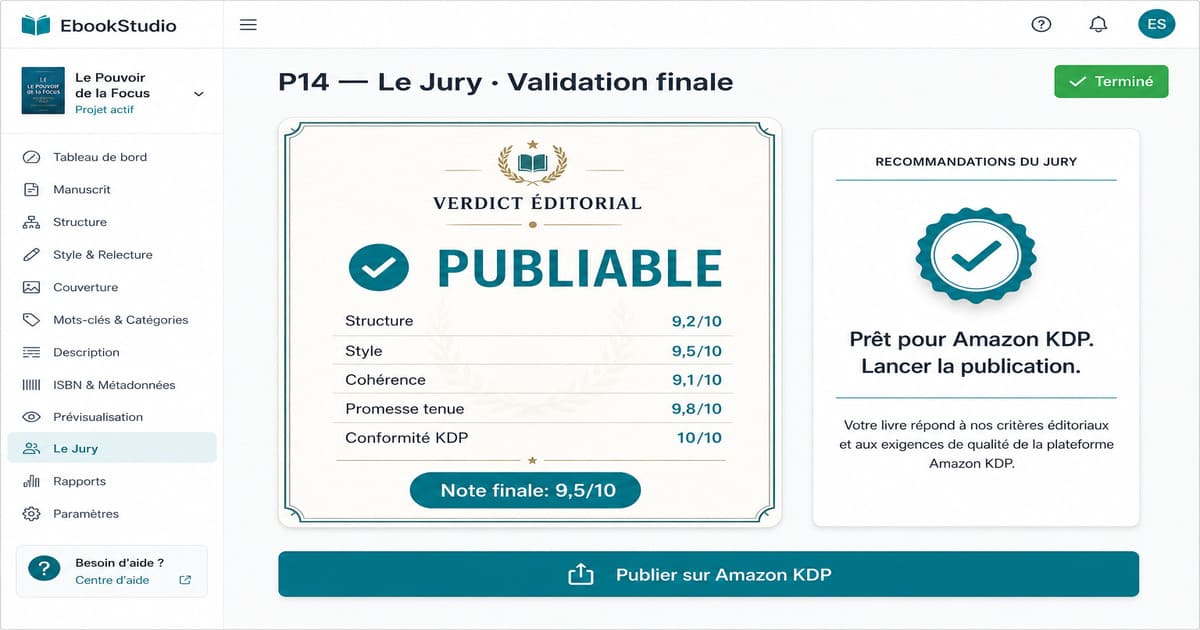 Interface de l'agent TILA sur EbookStudio rendant un verdict éditorial "PUBLIABLE" avec une note de 9,5/10