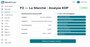 Interface d'analyse de marché EbookStudio pour vendre sur Amazon KDP avec l'agent Jano.