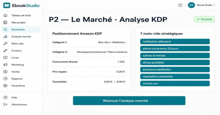 Interface d'analyse de marché EbookStudio pour vendre sur Amazon KDP avec l'agent Jano.