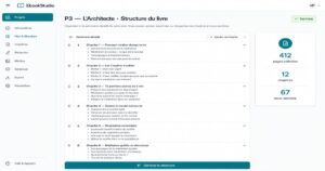 Sommaire détaillé généré par IA montrant 12 chapitres et 67 sous-sections pour un guide sur la méditation.