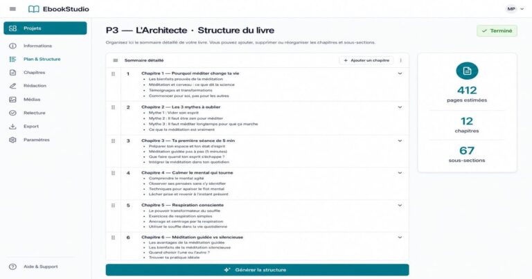 Sommaire détaillé généré par IA montrant 12 chapitres et 67 sous-sections pour un guide sur la méditation.