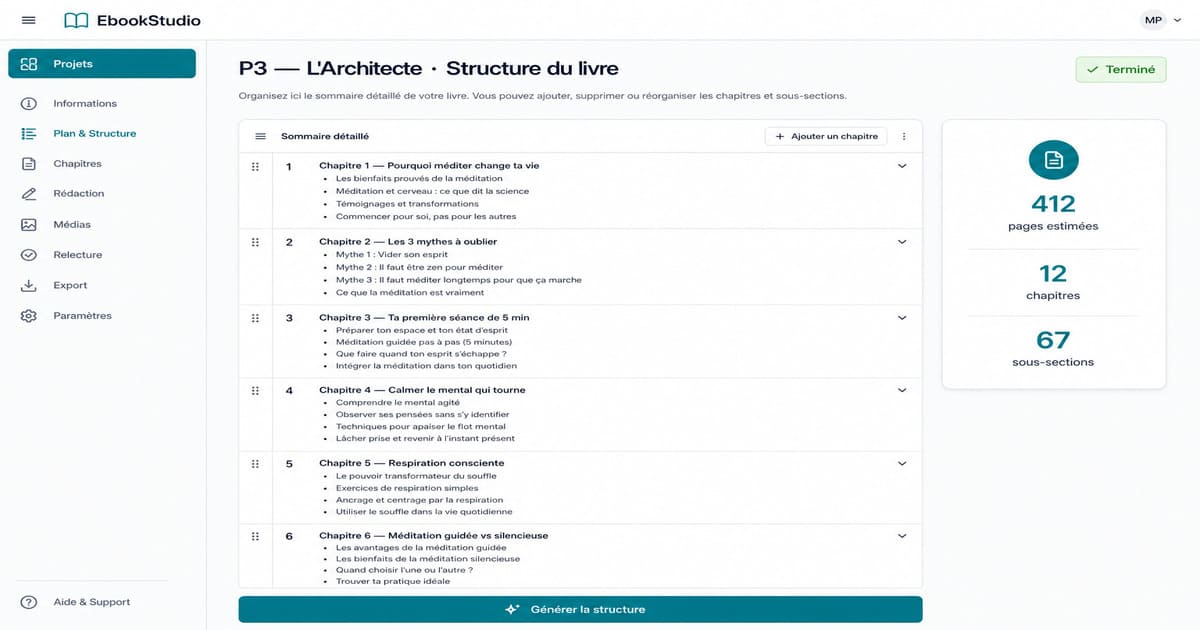 Sommaire détaillé généré par IA montrant 12 chapitres et 67 sous-sections pour un guide sur la méditation.