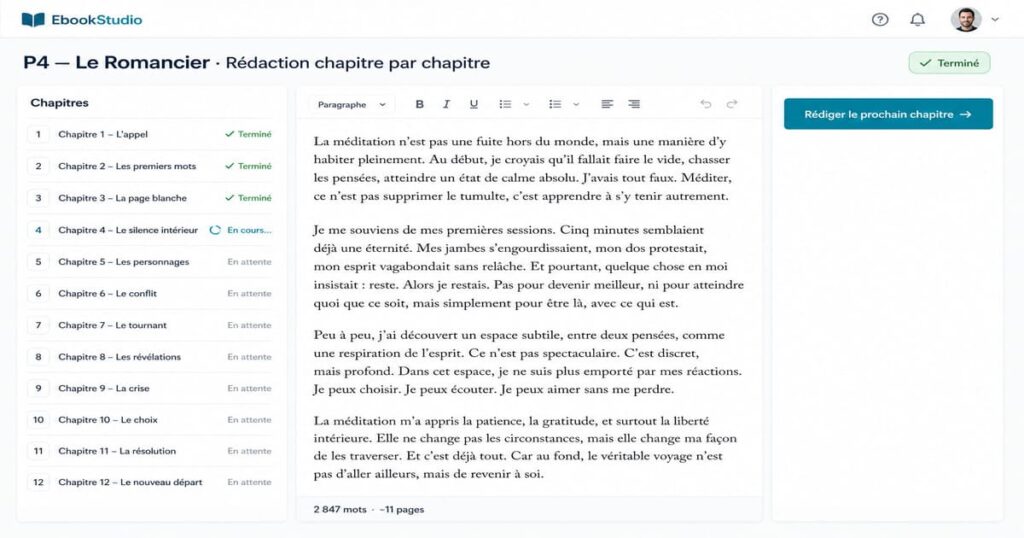 Interface de rédaction d'ALIA sur EbookStudio, montrant un chapitre fluide pour rédiger un livre avec l'IA.
