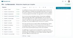 Éditeur de manuscrit intelligent avec compteur de mots et liste de chapitres terminés.