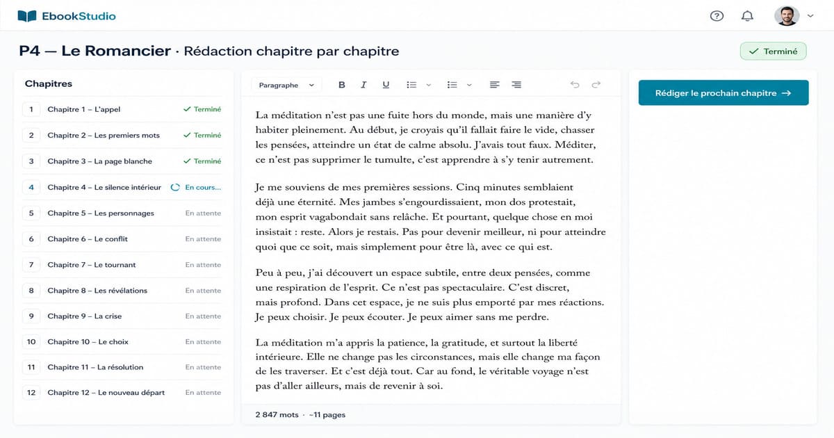 Éditeur de manuscrit intelligent avec compteur de mots et liste de chapitres terminés.