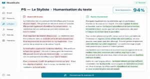 Interface de l'agent LEXO montrant un score d'humanisation de 94% pour un texte sur la méditation.