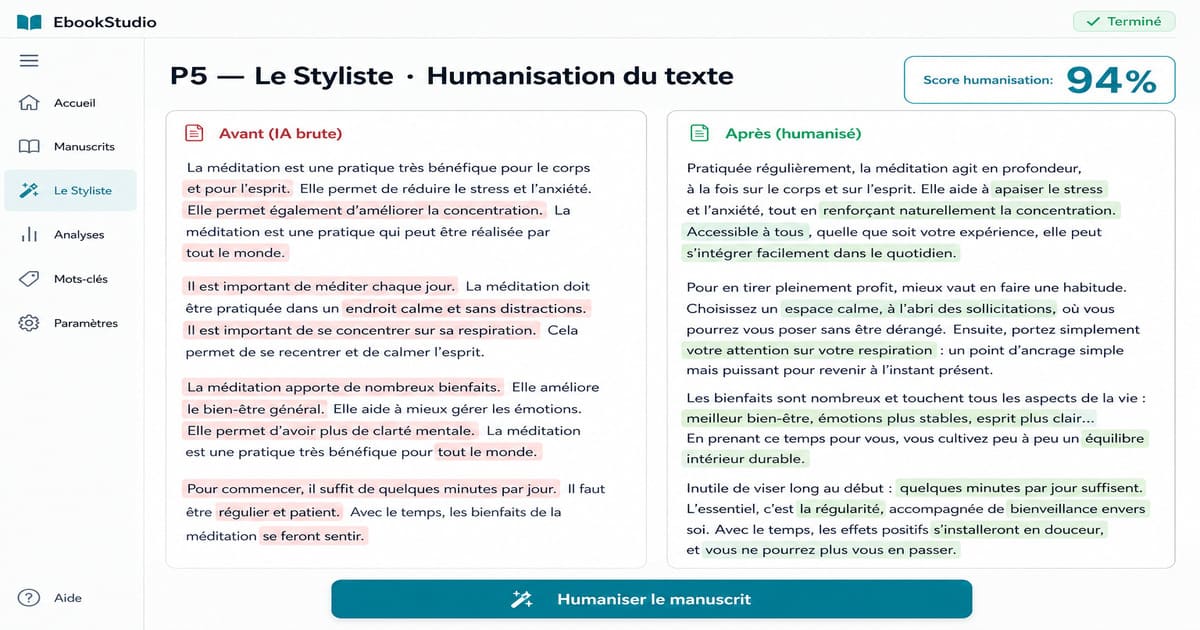 Interface de l'agent LEXO montrant un score d'humanisation de 94% pour un texte sur la méditation.