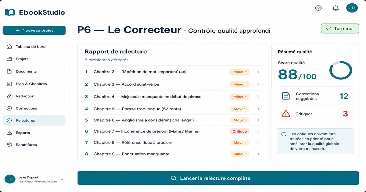 Analyse de texte par IA avec détection d'incohérences, répétitions et score de qualité global de 88/100.