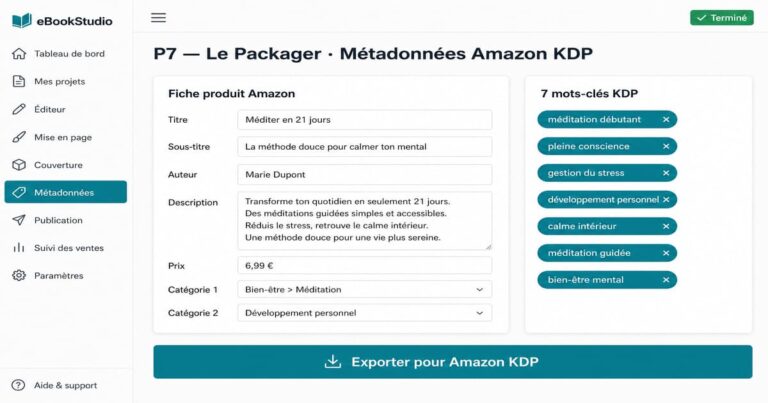 Optimisation de fiche produit Amazon avec titre, description et 7 mots-clés stratégiques pour la vente de livres.
