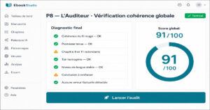 Tableau de bord de vérification de cohérence globale montrant les points validés et les alertes de structure.