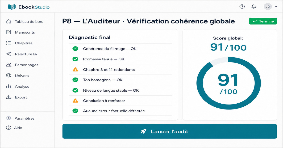 Tableau de bord de vérification de cohérence globale montrant les points validés et les alertes de structure.