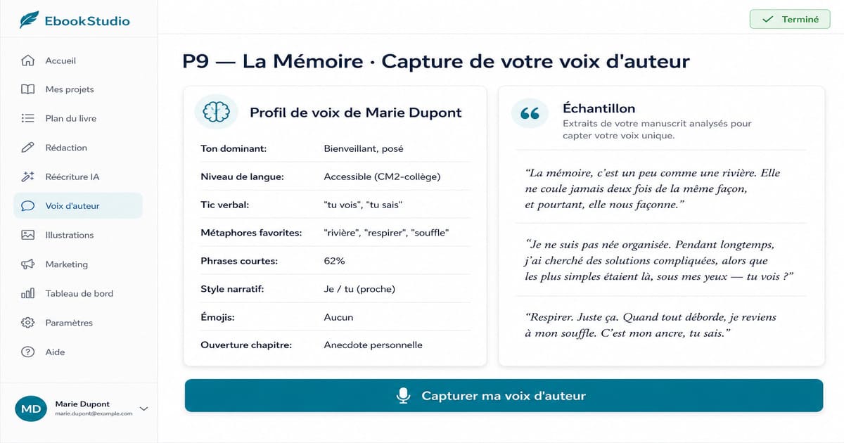Interface de l'agent EMIO sur EbookStudio analysant le profil de voix d'un auteur.