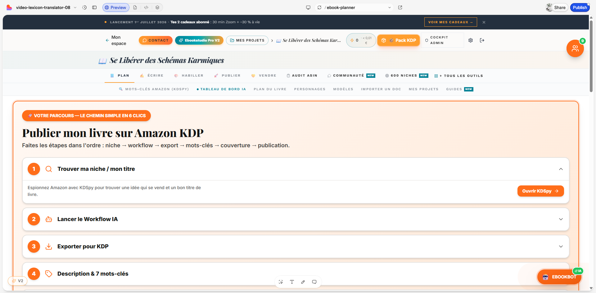 Interface EbookStudio Pro V2 - parcours de publication Amazon KDP